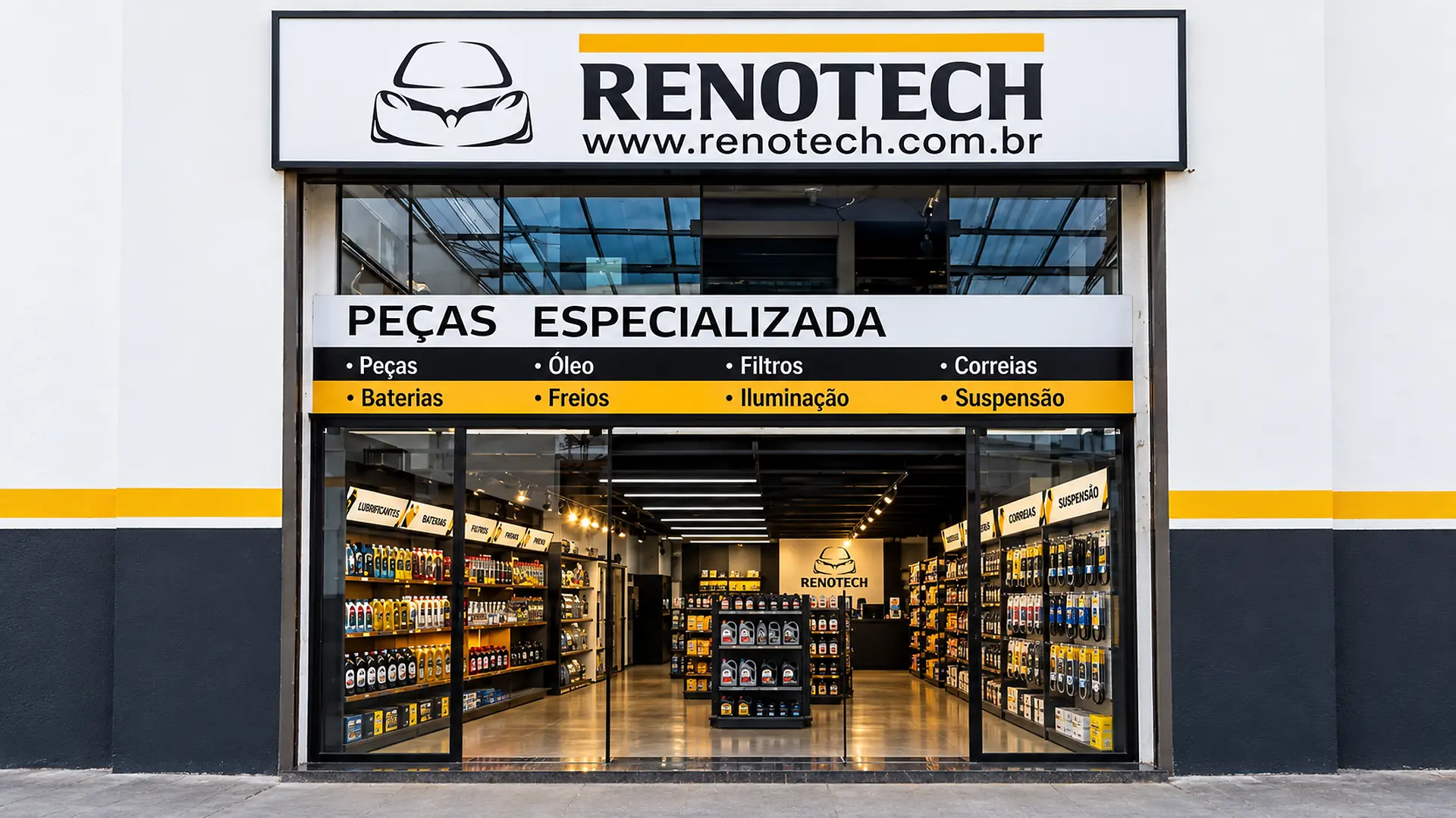 Fachada e entrada da matriz Renotech na Vila das Belezas, São Paulo.